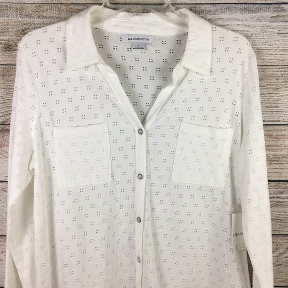 Liz Claiborne Eyelet Roll Cuff Knit Shirt Top Button Up V-Neck - Picture 2 of 12